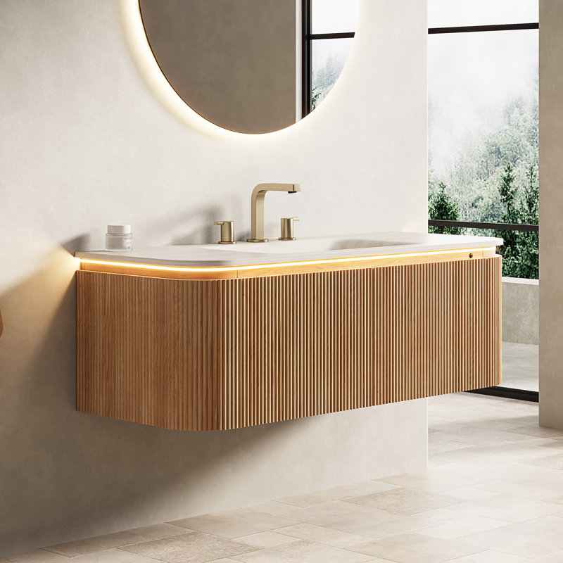 Meuble-lavabo flottant 48 po avec lavabo, armoire cannelée à grain de bois naturel, lumière DEL à capteur automatique, lavabo intégré courbé en pierre frittée Travertine, tiroirs à fermeture en douceur, armoire de salle de bain murale