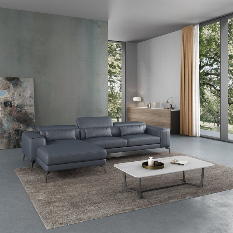 Cavour Sectional, Gray Genuine Leather, Left Hand Facing