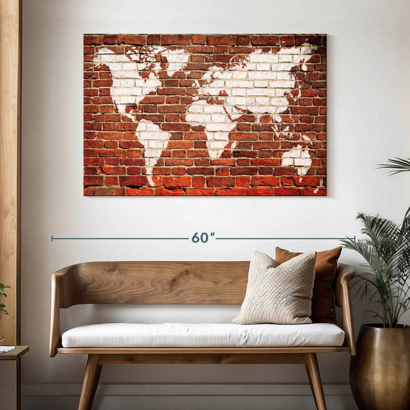 Carte du monde sur la brique Aliaz, H 32 po x l 48 po