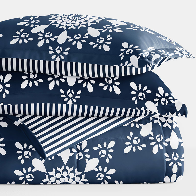 Navy and White Reversible Microfiber King Comforter Set