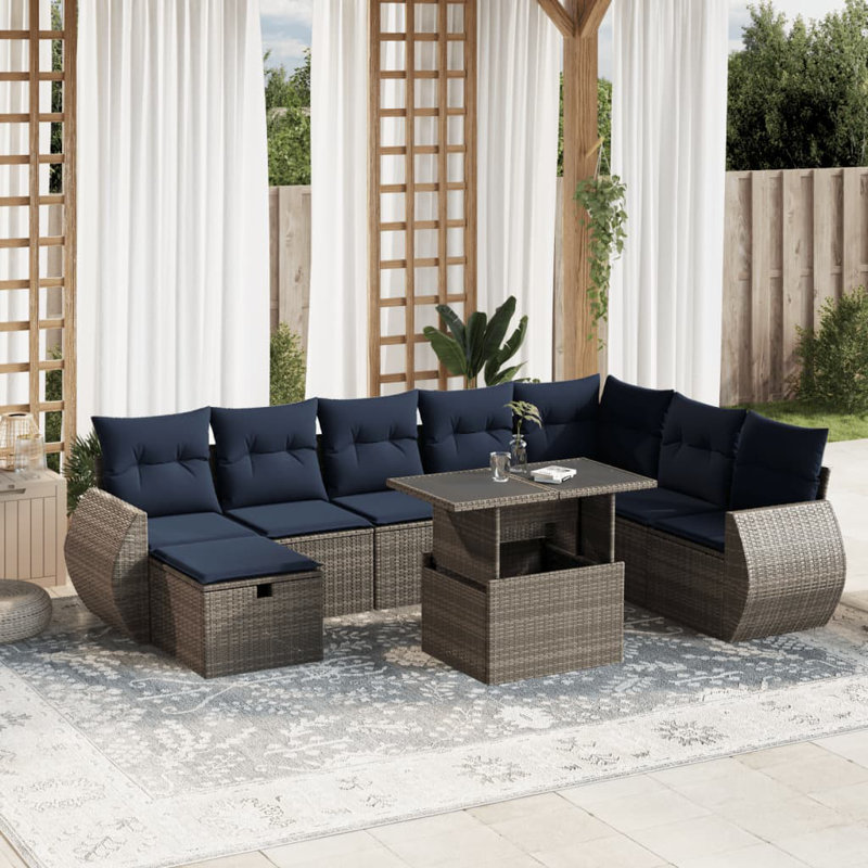  Ensemble de canapé de patio 9 pièces avec coussins en rotin de polyester, Gris, Bleu