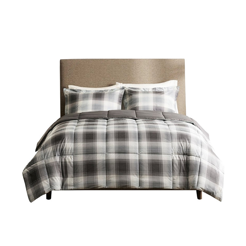 Édredon double avec duvet synthétique - bourre imprimée à carreaux gris et 2 taies décoratives assorties lavables à la machine