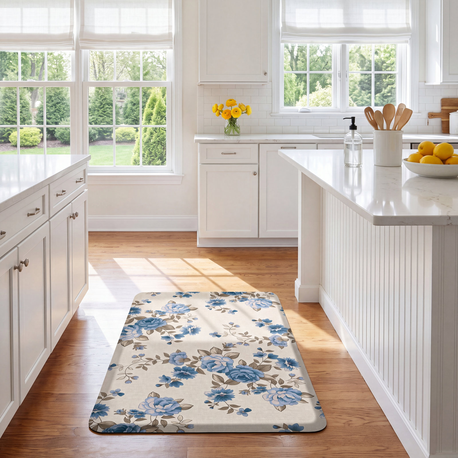 English Rose Garden Kitchen Comfort Mat, Blue, Rectangle 20" x 32"