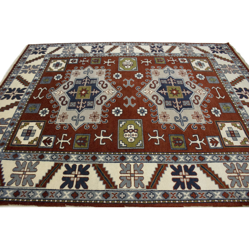 Tapis géométrique en laine noué à la main rouge, Rectangle 5 po x 8 po