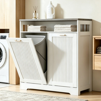  26-Gal Tilt-Out Trash Cabinet with Fluted Front and Open Shelf, White