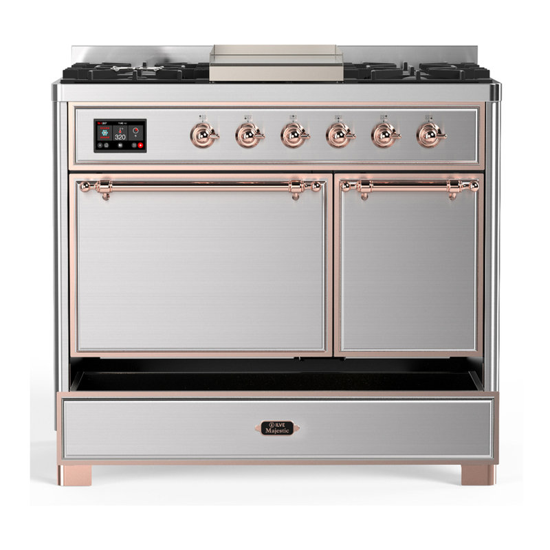 Majestic III Series 40 Inch Dual Fuel Range with 6 Sealed Burners, Griddle, in White (Natural Gas, Copper Trim), Copper