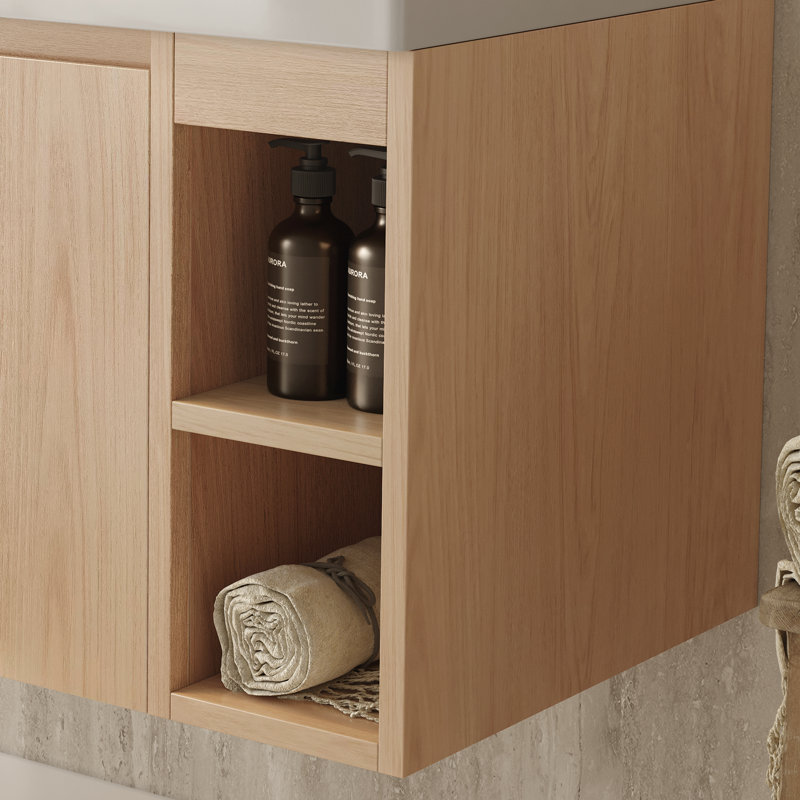 Alverne 35.8" Modern Wall-Mounted Bathroom Vanity with White Ceramic Sink and Natural Wood Cabinet