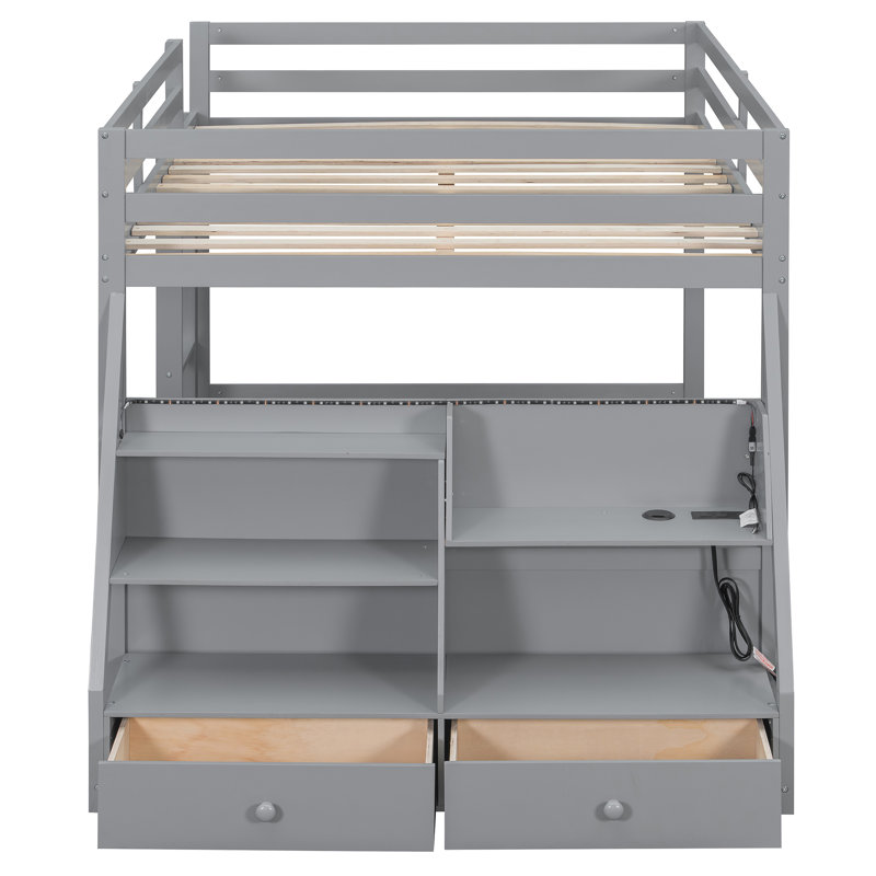 Lit superposé double avec lumières DEL contrôlées par l'application, ports USB, tablettes de rangement et tiroirs - Lit pour enfant robuste, gris