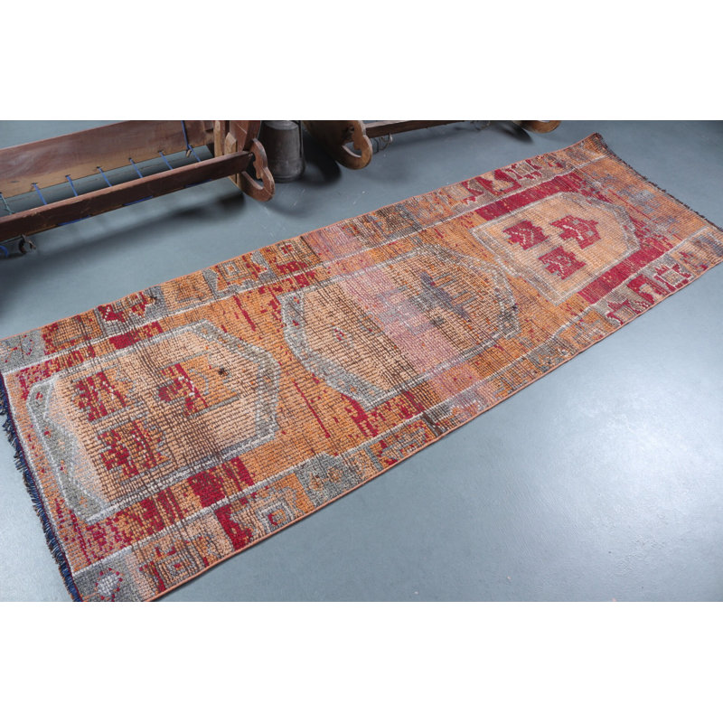 Tapis de couloir turc vintage orange avec motif Herki unique pour tapis d'entrée et d'escalier