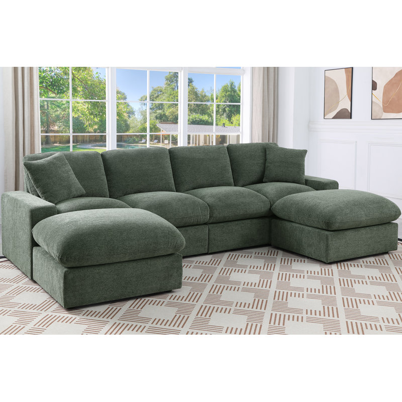 Canapé modulaire avec 2 repose-pieds Tolzmann, Chenille verte