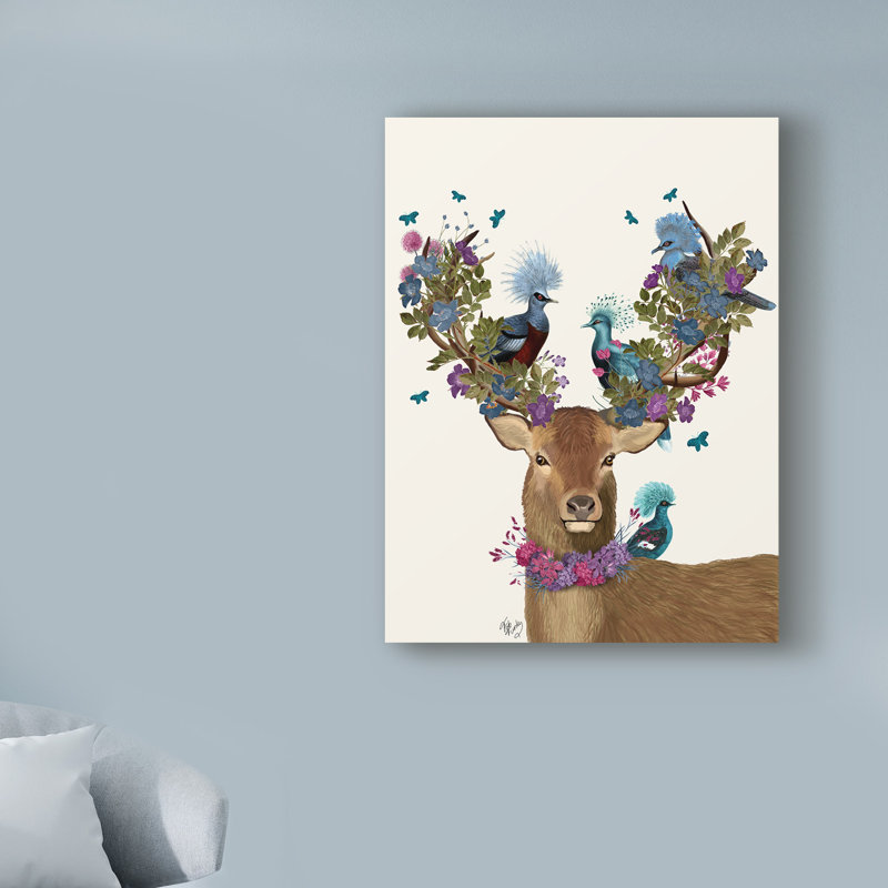 Impression sur toile tendue, "Deer Birdbirder, Blue Pigeons", H 19 po x l 14 po x P 2 po