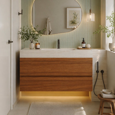Meuble-lavabo flottant moderne 29,9 po avec comptoir en faux marbre et lavabo encastré en céramique, fixation murale pour petites salles de bain et appartements