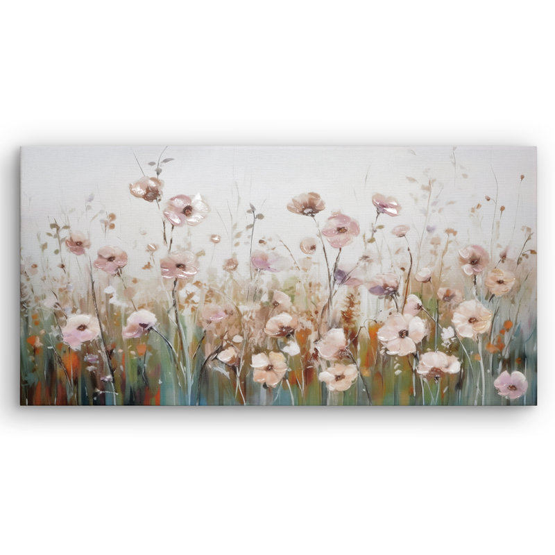 20x40 Floral Canvas Wall Art Featuring Pink and Blush Wildflowers with Green, White and Beige Tones and Hand-Painted Accents - Gallery Wrap - Modern Wall Art