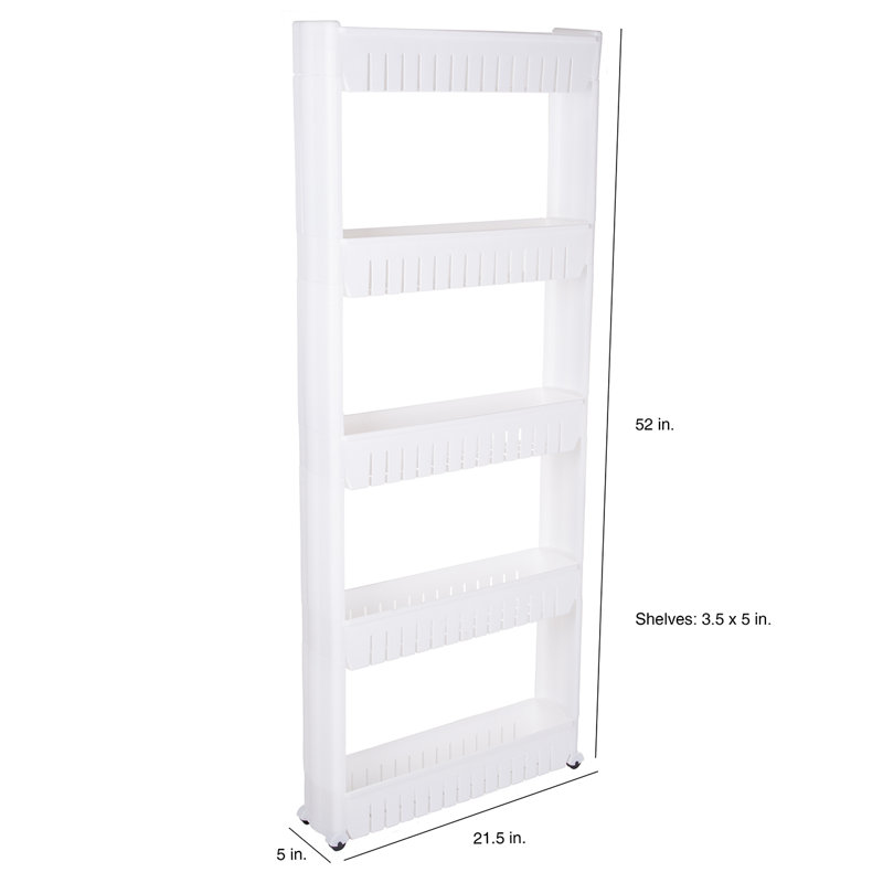 Newcastle 5-Tier Pantry Storage Rack - White Slide-Out Rolling Cart With Baskets for Narrow Spaces