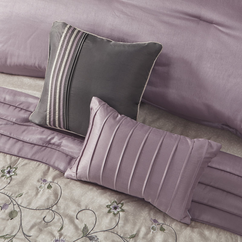 Serene Embroidered 7 Piece Comforter Set, King Comforter + 6 Additional Pieces, Purple