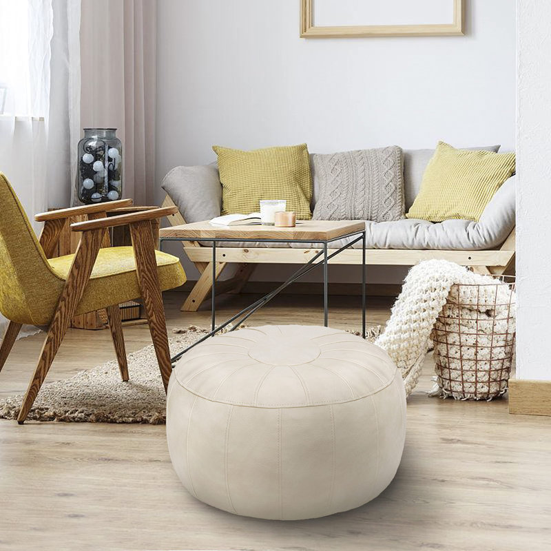 Izaiya Faux Leather Pouf, Ivory White Faux Leather