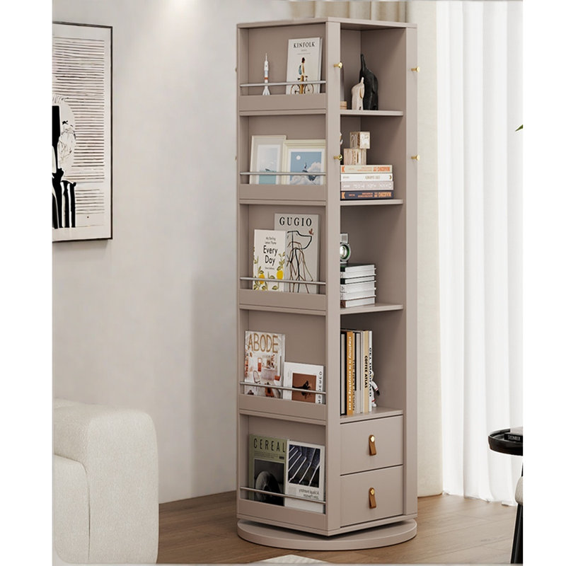Bibliothèque rotative avec miroir, Gris, (4 tablettes) H 64,96 po x l 21,65 po x P 21,65 po