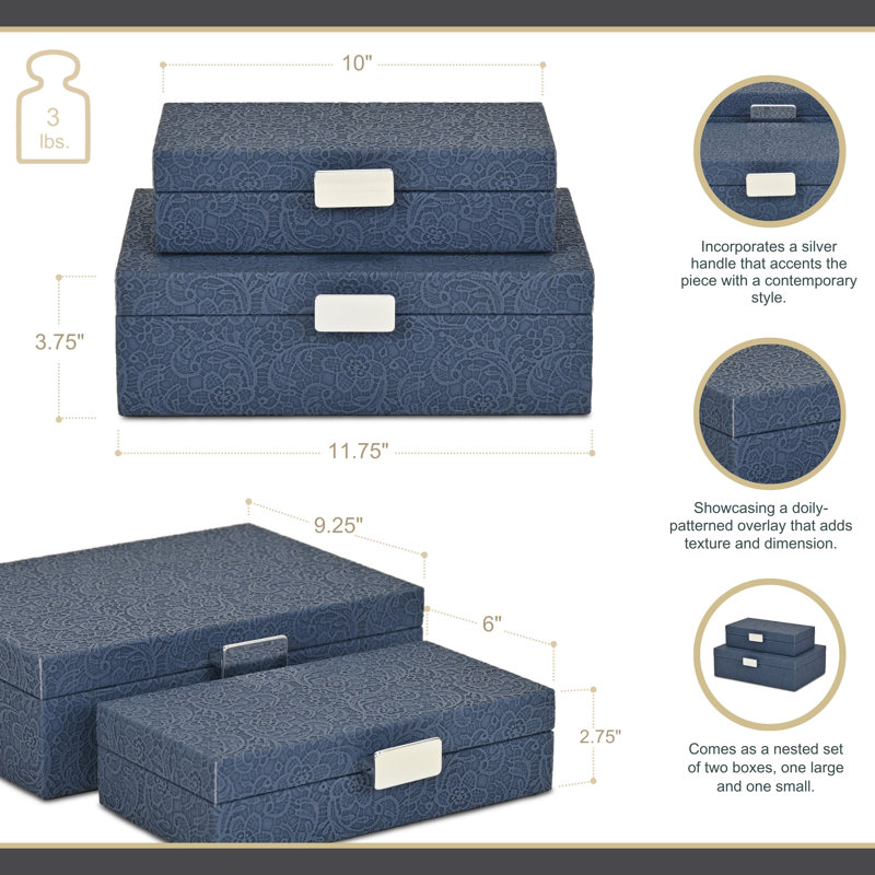 Ensemble de 2 boîtes de rangement avec poignées argentées Vyrna Doily, Bleu