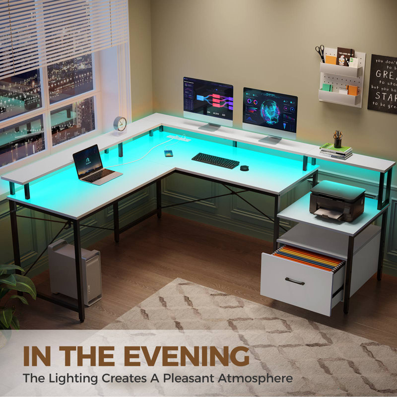 Kurtiss 68" L Shaped Computer Desk with File Drawer with Power Outlet & LED Strip, White