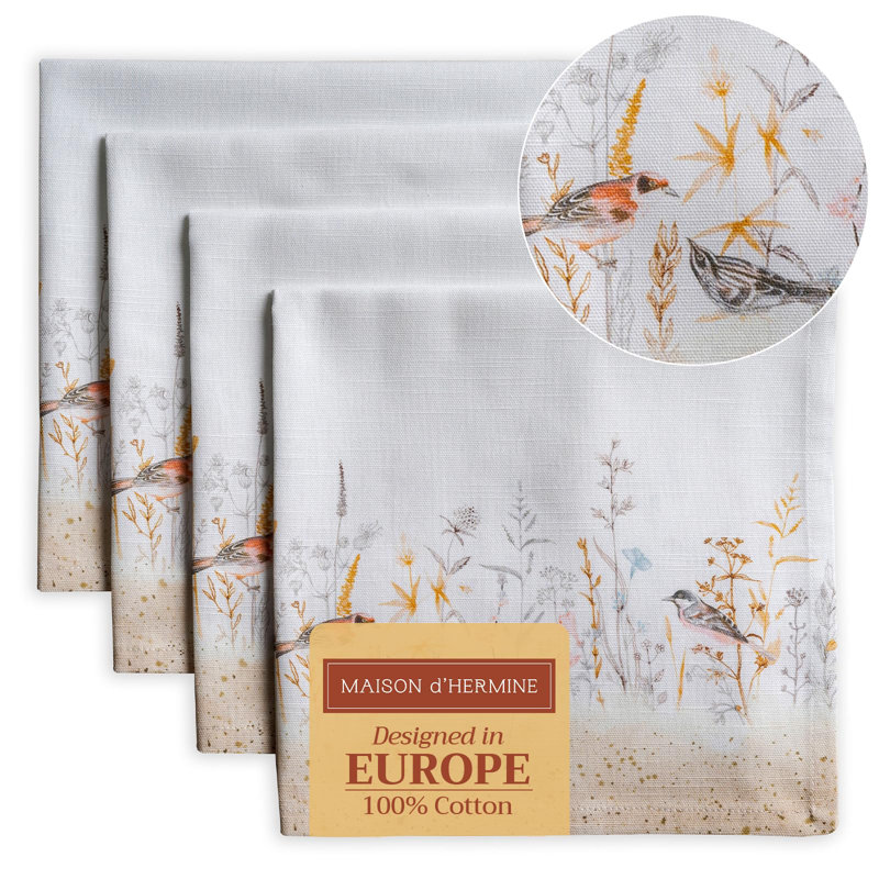 Maison d' Hermine Cloth Napkins Set of 4 100% Cotton Everyday Reusable Square Napkins Cloth Washable Dinner Wedding Valentines Day Decorations Spring/Summer (Meadow Florals - Beige, 20" x 20")