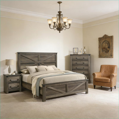 Ensemble de chambre à coucher | Ensemble de ferme rustique 3 pièces pour chambre principale / d'amis | Gris | Bois d'ingénierie, métal