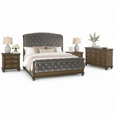 Queen Bedroom Set, Gray, Brown Wood, 4 Piece Set with 2 Nightstands and Dresser