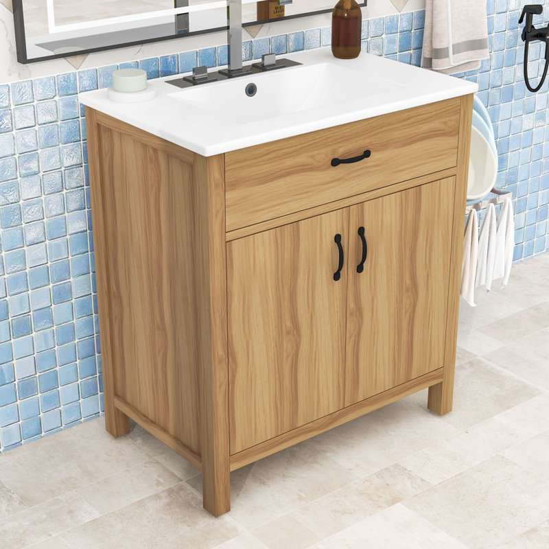Meuble-lavabo en bois 30 po avec lavabo en céramique, tiroir rabattable et tablette réglable