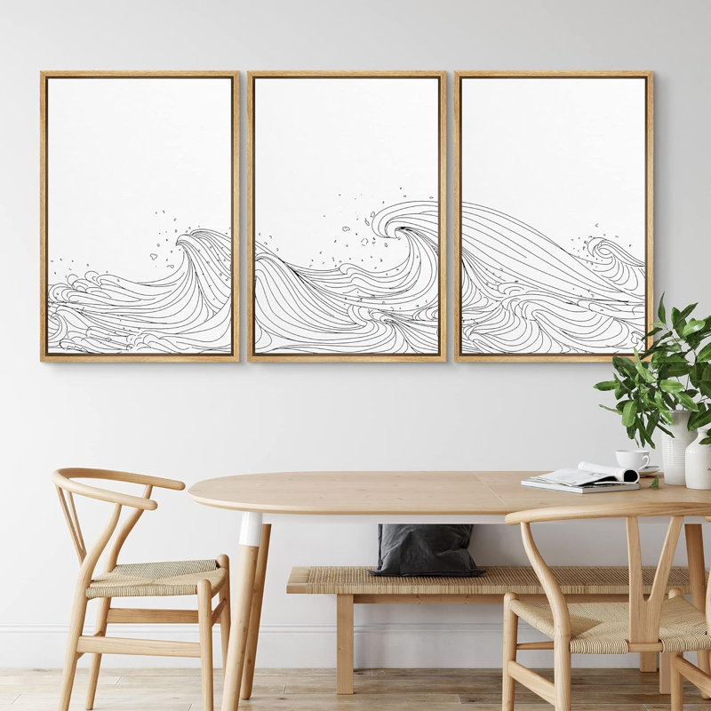 Beach And Waves " Curly Black and White Ocean Waves Nautical Seascape Minimalist Neutral Decor Modern Art " 3 Piece Art Print