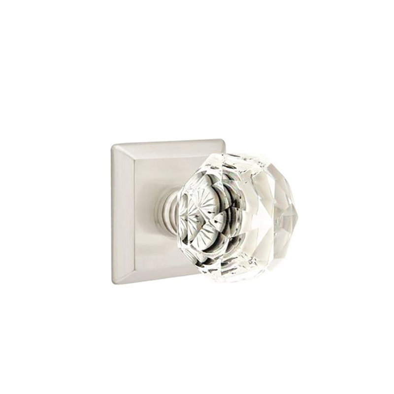 Ensemble de boutons de confidentialité Emtek avec rosette Quincy et bouton en verre Diamond, Nickel satiné