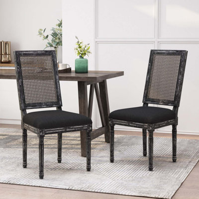 French Country Dining Chairs - Elegant Cane Backrest & Upholstered Seats With Fluted Legs - Rustic Weathered Finish - Solid Rubberwood Frame - Vintage by Lark Manor