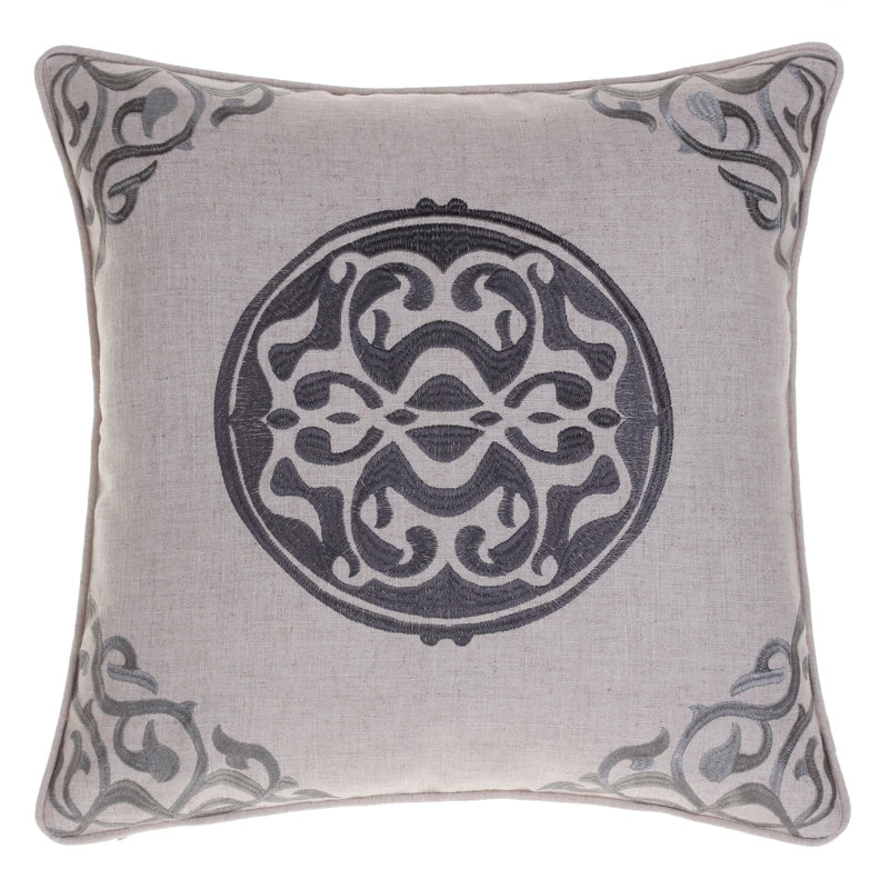 Saito Embroidered Medallion Square Pillow Cover & Insert, Iron/Steel