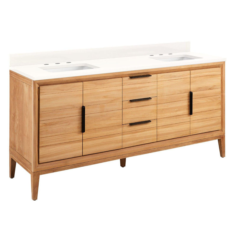 Aliso 72" Double Bathroom Vanity, Arctic White Quartz / Natural Teak, 8" Widespread, 34'' H x 60'' W x 22'' D