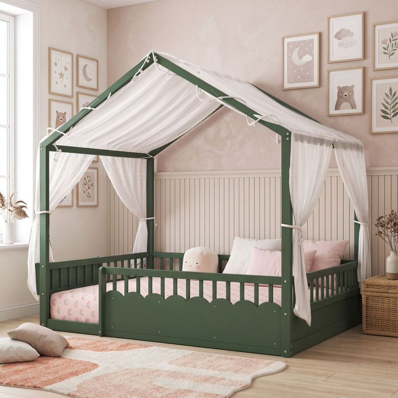 Lit de cabane en bois avec guirlande lumineuse, tablette et barrières de sécurité, Vert