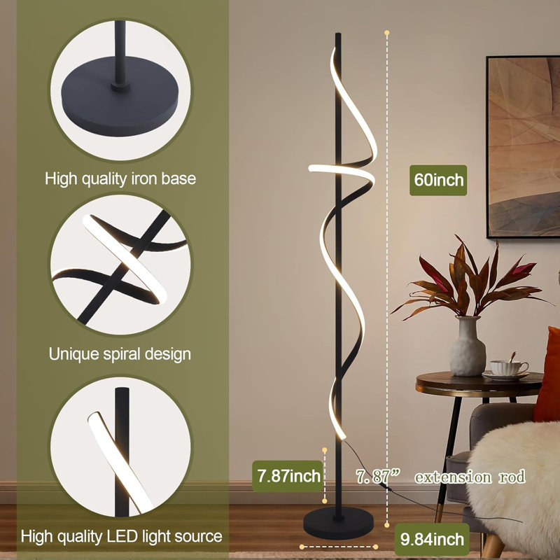Lampe sur pied moderne en spirale à DEL avec télécommande, lampe sur pied à intensité variable de 48 W pour le salon et la chambre à coucher, éclairage à 360 °, hauteur réglable, lampe haute écoénergétique