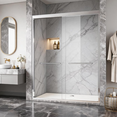 Porte de douche coulissante semi-sans cadre de 44 à 48 pouces en nickel brossé, avec verre trempé transparent et poignées en acier inoxydable