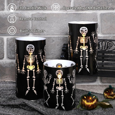Glass Flameless Candles - Set of 3, Black with Funny Skeleton, Battery-Operated with Remote, Gothic Spooky LED Pillar, for Halloween/Haunted House/Classroom Decor