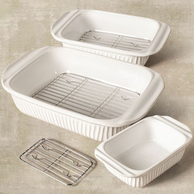 Ensemble de 3 casseroles rectangulaires en céramique avec support, (5,1 / 2,3 / 1,1 pte), blanc