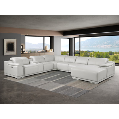 Canapé modulaire en cuir véritable gris clair 7 pièces faisant face à droite avec 3 fauteuils inclinables et appuis-tête réglables