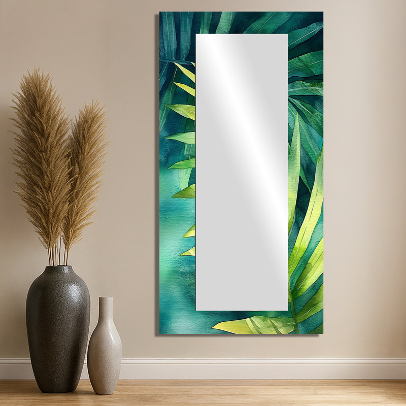 «Green Tropical Safari Palms I» - art mural miroir palmiers et palmiers - imprimé sur métal, 28 po x 55 po