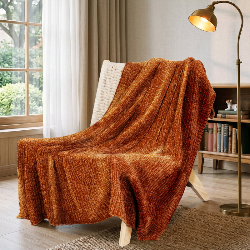 Soft Plush Lightweight Reversible Chenille Throw Blanket, Terracotta