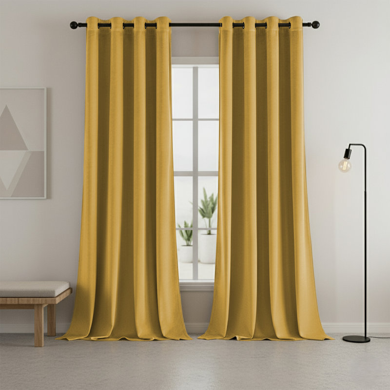 Heavy Velvet Curtains with Eyelet Rings – Thermal Insulated Drapes, Ochre, 228cm Width x 228cm Drop