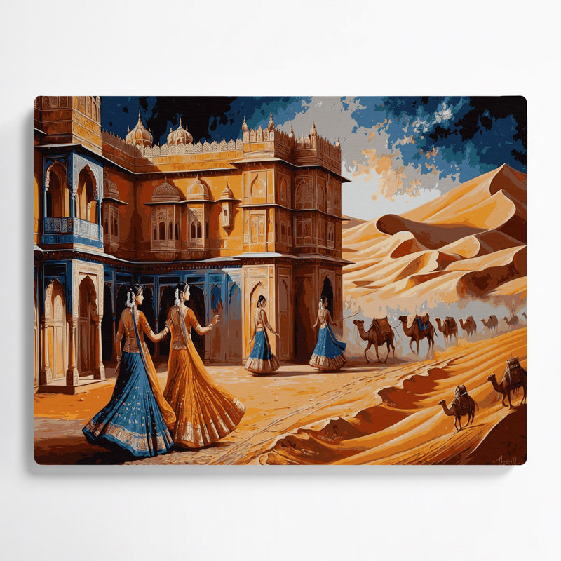 Art mural en métal brun avec villes du Rajasthan en Inde, H 16 po x l 20 po