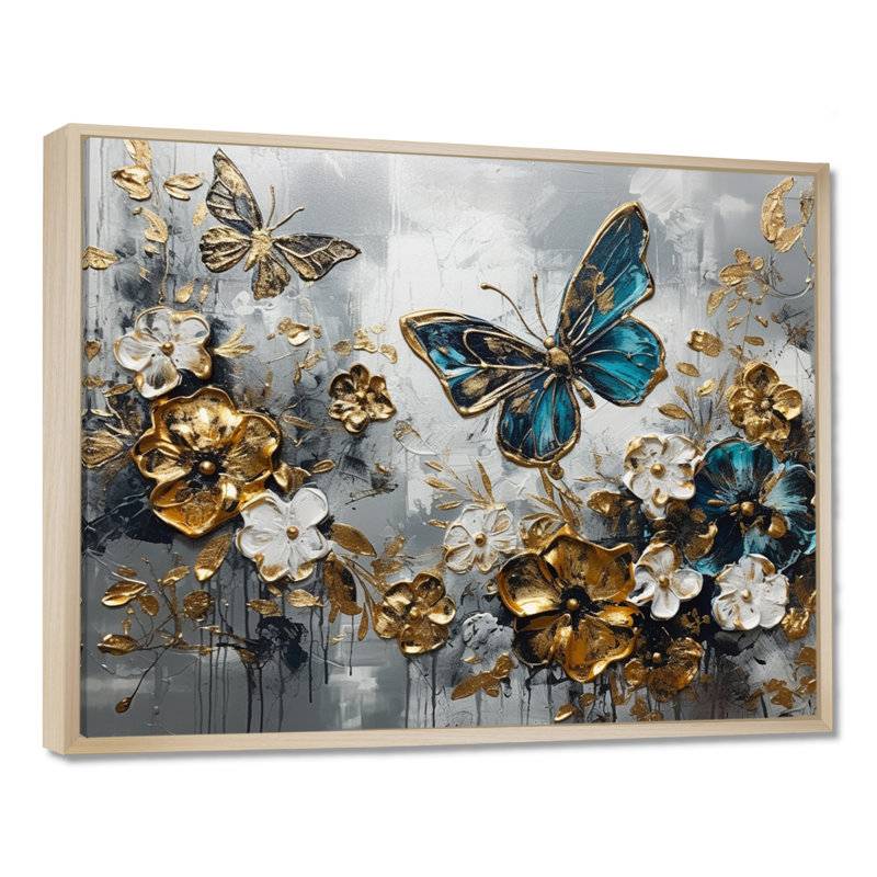 Ryllan, ailes de papillon bleu doré et fleurs V - impressions florales encadrées, H 16 po x l 32 po x P 1 po