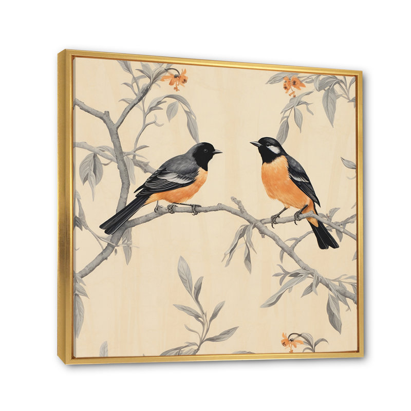 «Orange Black Birds On Trees II», reproduction sur toile encadrée, Cadre flottant doré, H 30 po x l 30 po x P 1 po