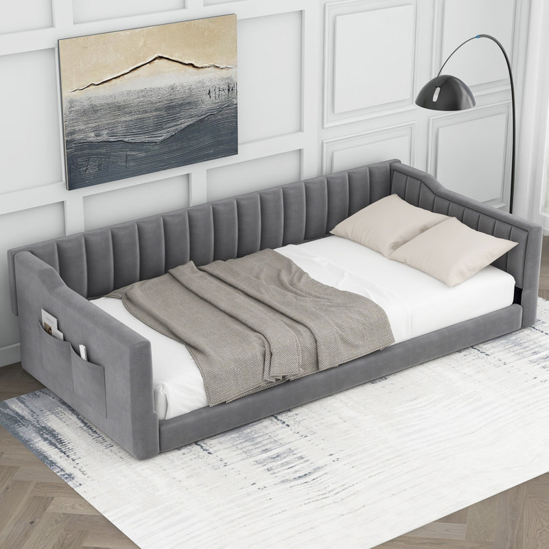 Upholstery Daybed And Side Storage Pocket, Gray, Twin