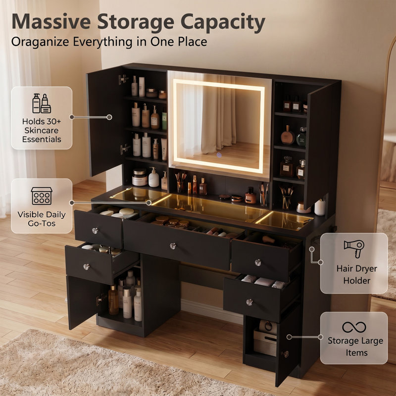 47"W LED Vanity Desk with Tri-Fold Mirror, 20W Fast Charging Type-C Power Outlet, Black