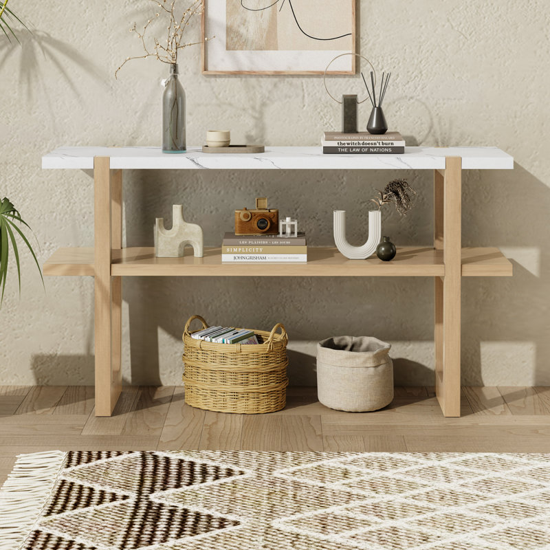 Console étroite avec plateau en marbre et tablette ouverte pour le vestibule, Naturel