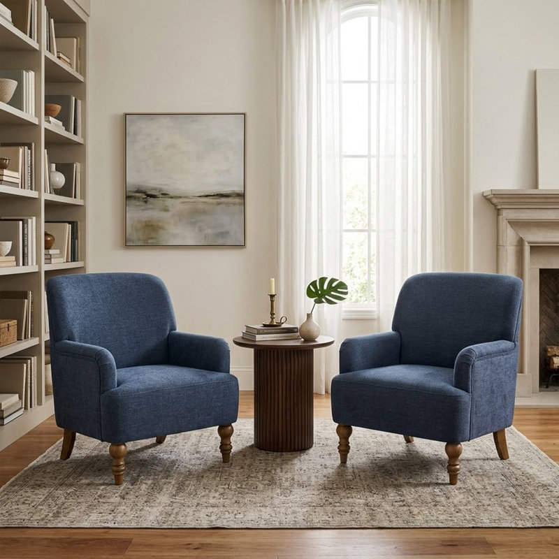 28.7" Upholstered Armchair With Tight Back And Solid Wood Legs（Set Of 2）, Blue