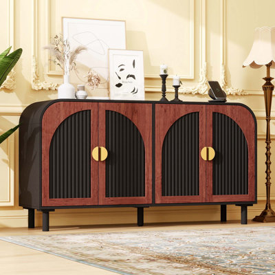 Vintage Arched Sideboard Cabinet with Gold Half-Moon Handle, MDF Storage Cabinet with Adjustable Shelves & Solid Wood Center Leg, 4-Door Buffet Cabinet for Dining Room, Entryway, Living Room