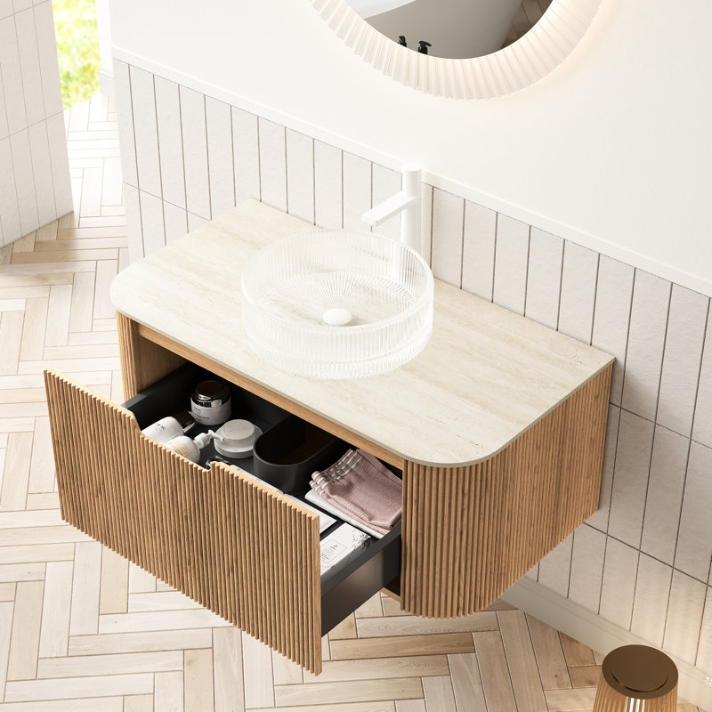 Meuble-lavabo moderne avec lavabo rond en verre transparent de 36 po, dessus en pierre frittée à motif, armoire en bois naturel rayé 3D, grand rangement, tiroir à fermeture en douceur, meuble-lavabo pré-assemblé, comptoir,